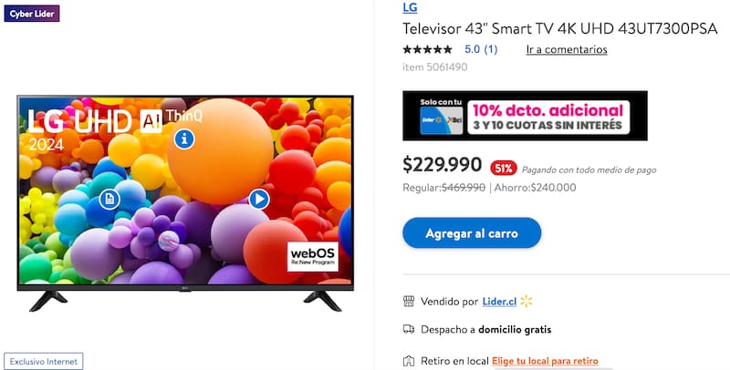 está con un descuento de 51% en Lider por el Cyber Monday.