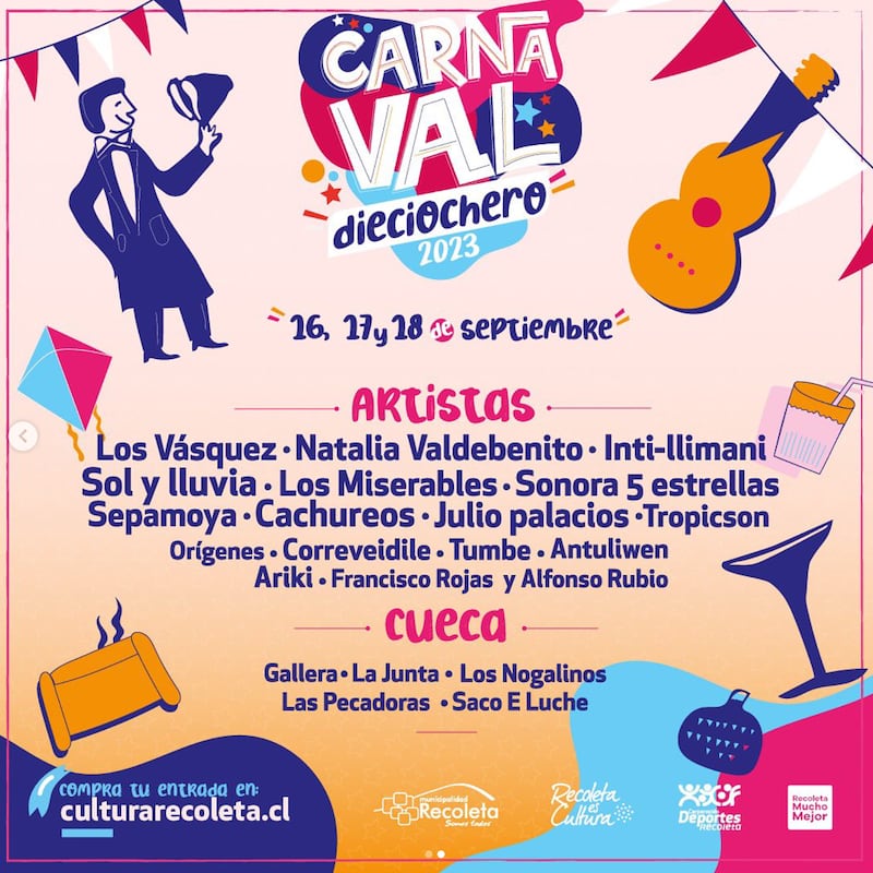 Captura de pantalla del cartel de artistas del Carnaval Dieciochero colores naranjo, rosa y azul.