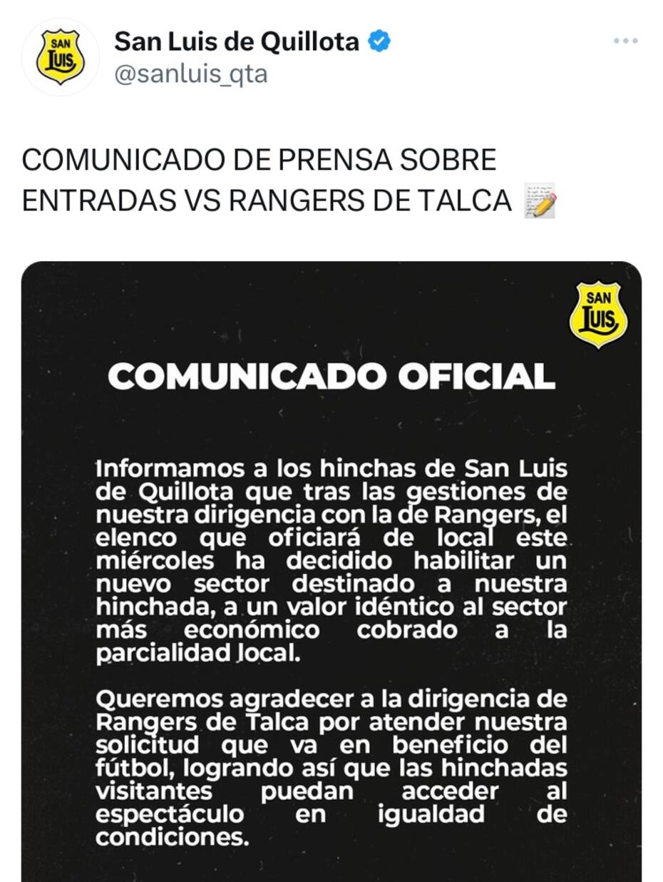 El comunicado oficial de San Luis de Quillota.
