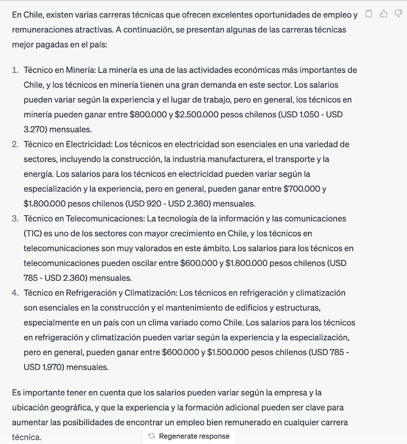 Según la API de OpenAI estas son las cuatro carreras técnicas mejor pagadas en Chile.