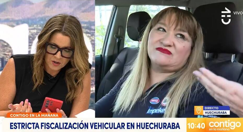 Monserrat Álvarez ayudando a la chofer fiscalizada. Créditos: Pantallazo CHV