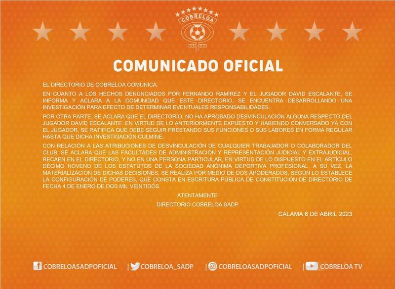 Este fue el comunicado que emitió Cobreloa sobre la situación de David Escalante.