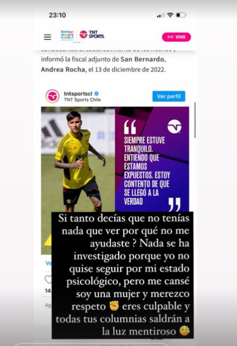 Pantallazo de mujer denunciante de haber sido violada en casa de Erick Pulgar.