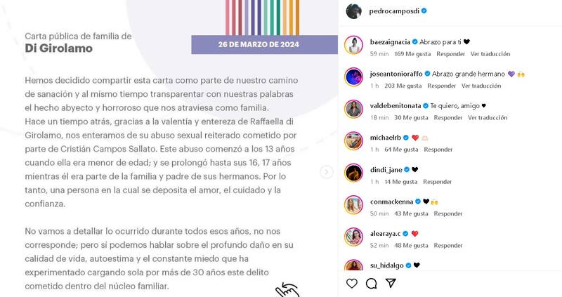 Publicación de Pedro Campos en Instagram. Créditos: Instagram