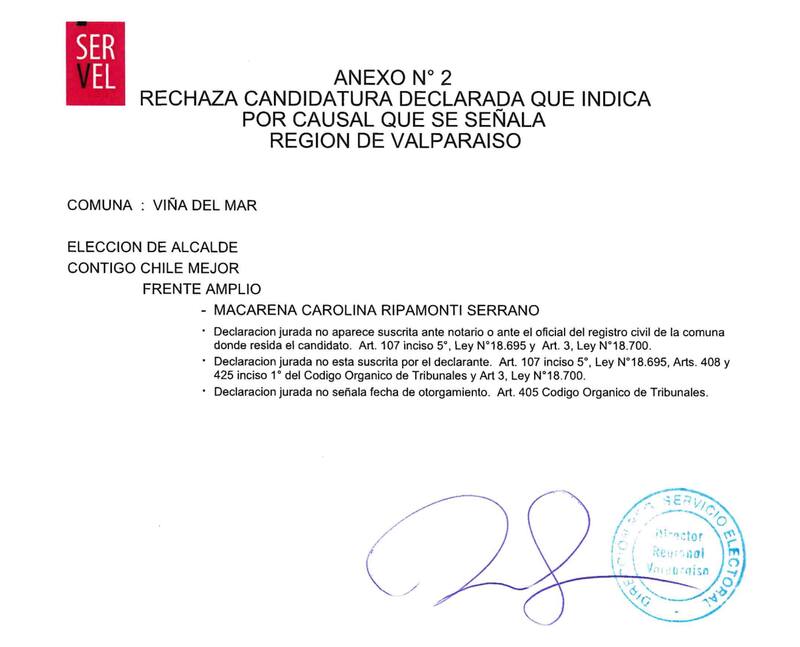Esta es la resolución del Servel rechazando la candidatura de Macarena Ripamonti.