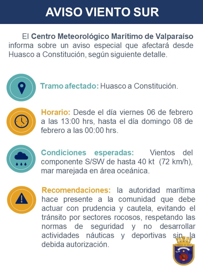 El evento estará presente hasta las 00:00 horas del domingo 8 de febrero. Foto: Servicio Meteorológico de la Armada de Chile
