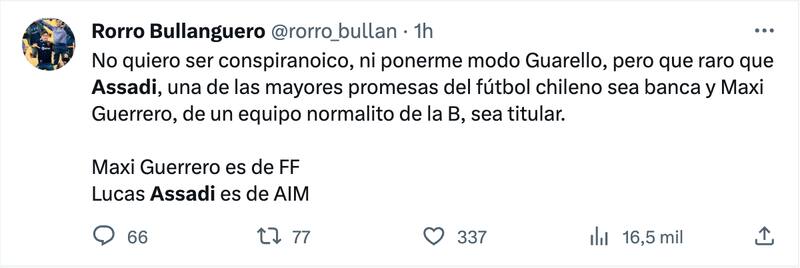 Hinchas cuestionan suplencia de Lucas Assadi.