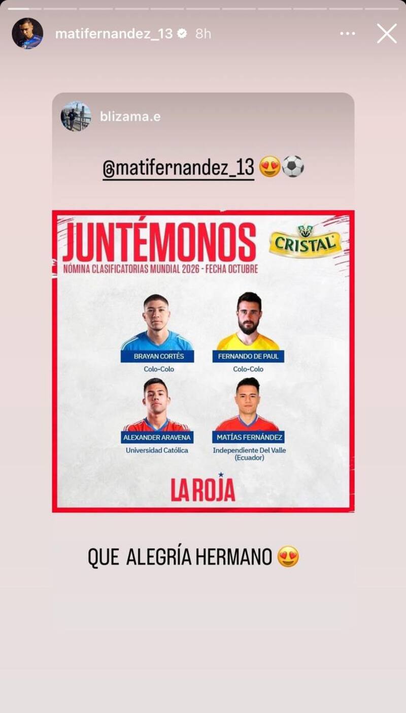 Reacción en Instagram de Matías Fernández tras ser convocado a la Selección Chilena. (Foto: Instagram Matías Fernández).