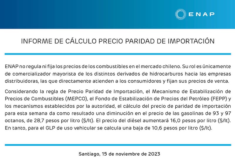 Estas serán las modificaciones que tendrán los precios de las bencinas desde este jueves.