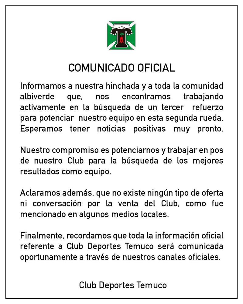 El comunicado de Deportes Temuco en el que confirman que no hay intenciones de venta.