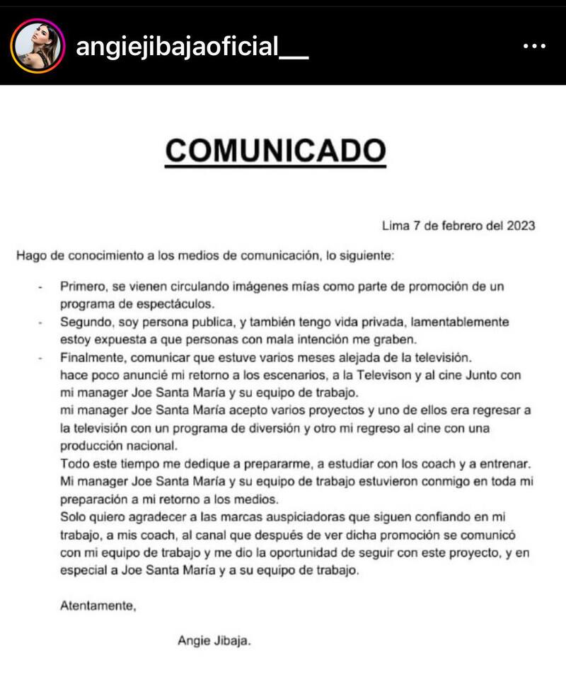 El comunicado que había compartido la actriz en su cuenta de Instagram que posteriormente eliminó.