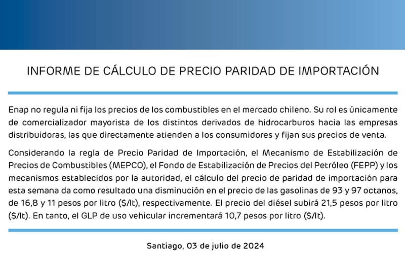 Nuevo informe sobre la variación en el valor de los combustibles.