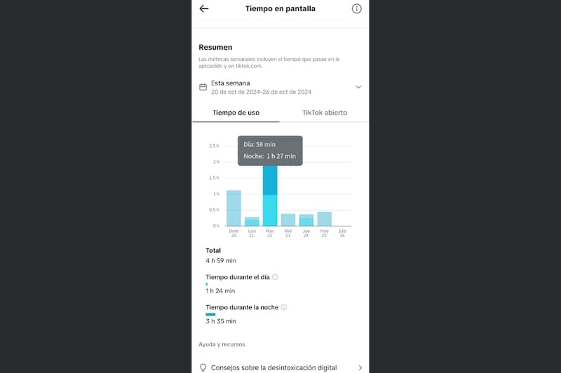 Podrás revisar toda la información sobre el tiempo que pasas dentro de TikTok.