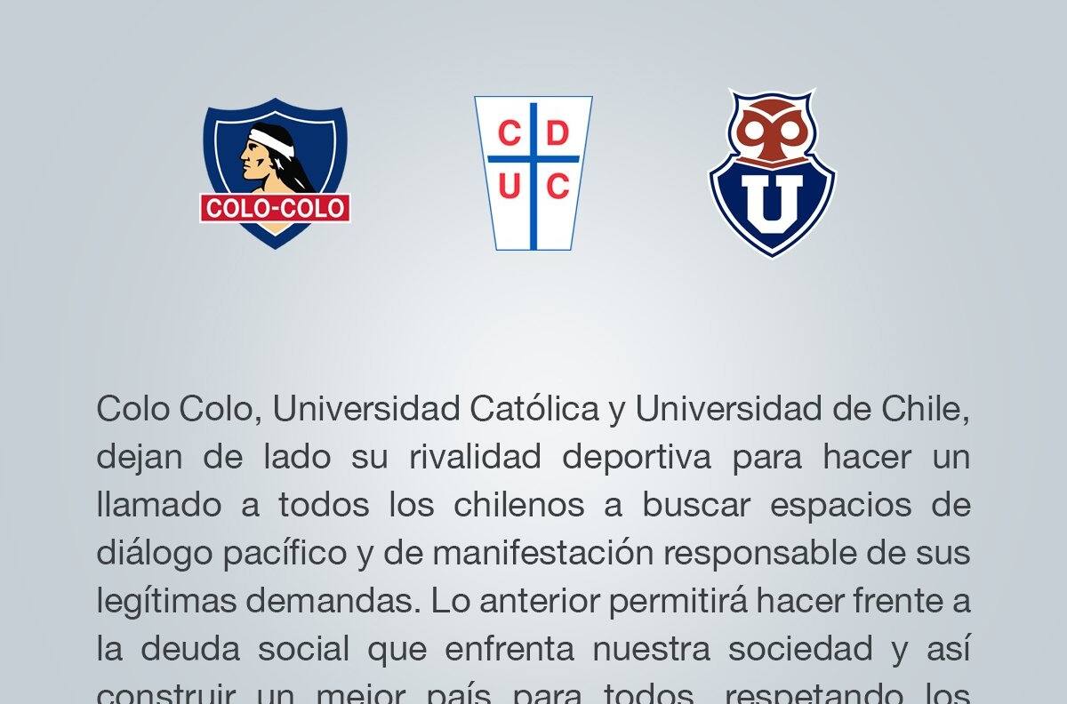 Colo Colo la U y la UC lanzan comunicado por las manifestaciones sociales