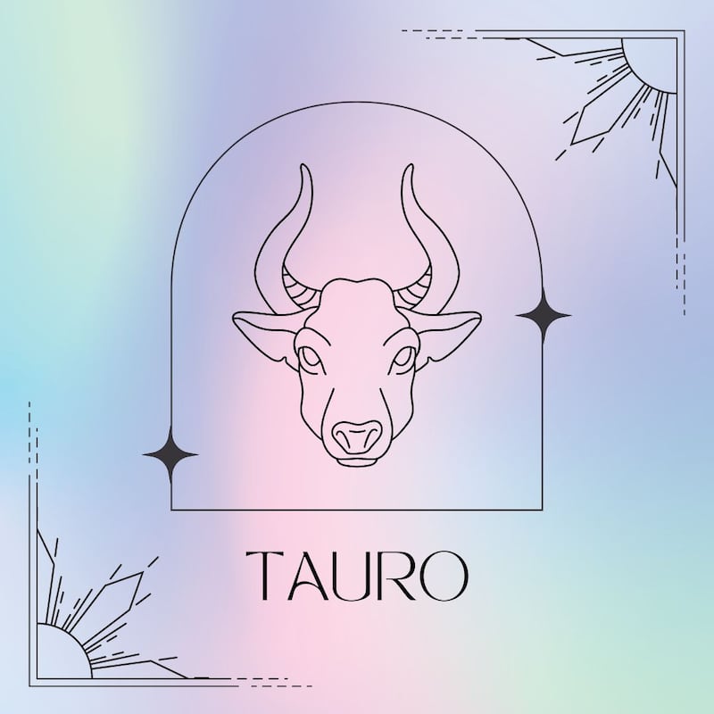 Dibujado en negro, el símbolo de Tauro aparece enmarcado sobre un fondo de suaves colores pastel.