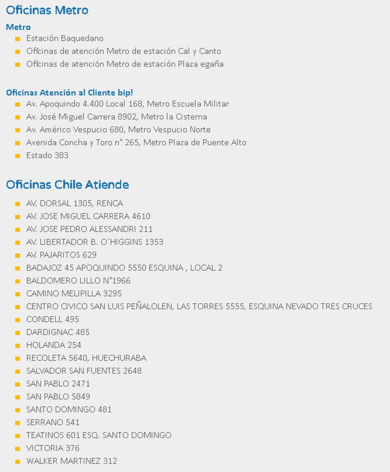 Oficinas para tramitar la Tarjeta Bip! Adulto Mayor.