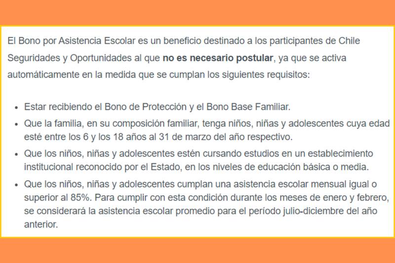 Esos son los requisitos para recibir el Bono Asistencia Escolar.