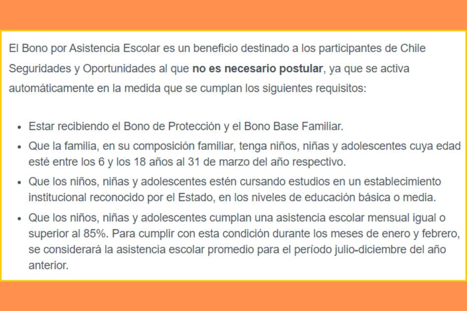 Estado entrega bono de $11.000 mensuales a estudiantes: Consulta con tu RUT si lo recibes Esos son los requisitos para recibir el Bono Asistencia Escolar.