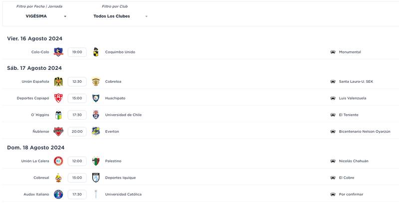 Programación fecha 20 del Campeonato Nacional 2024