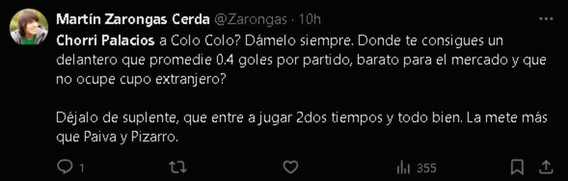 sobre el ofrecimiento del Chorri Palacios a Colo Colo
