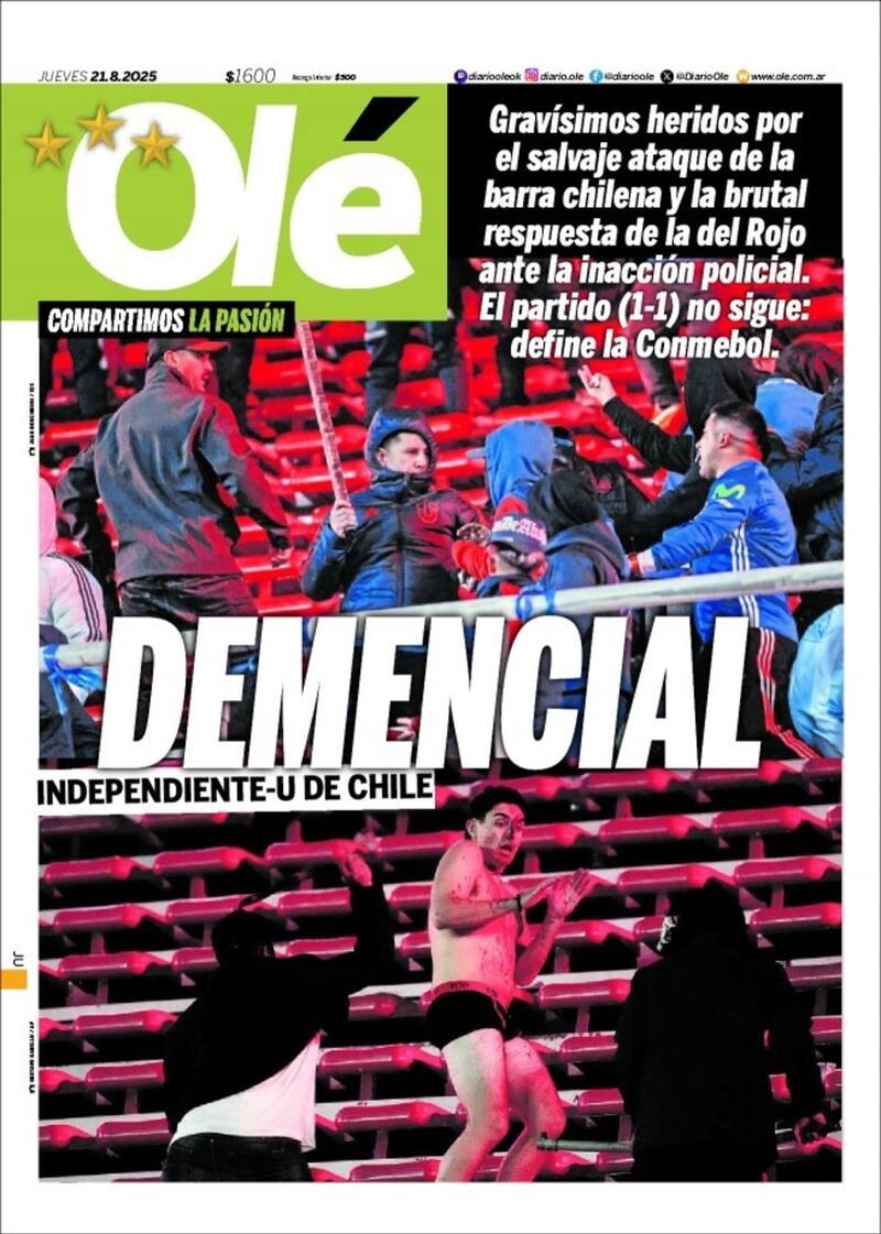 Portada de Olé 21 de agosto.