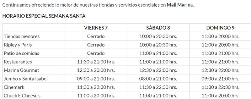 Sus horarios para semana santa. Captura: Mall Marina