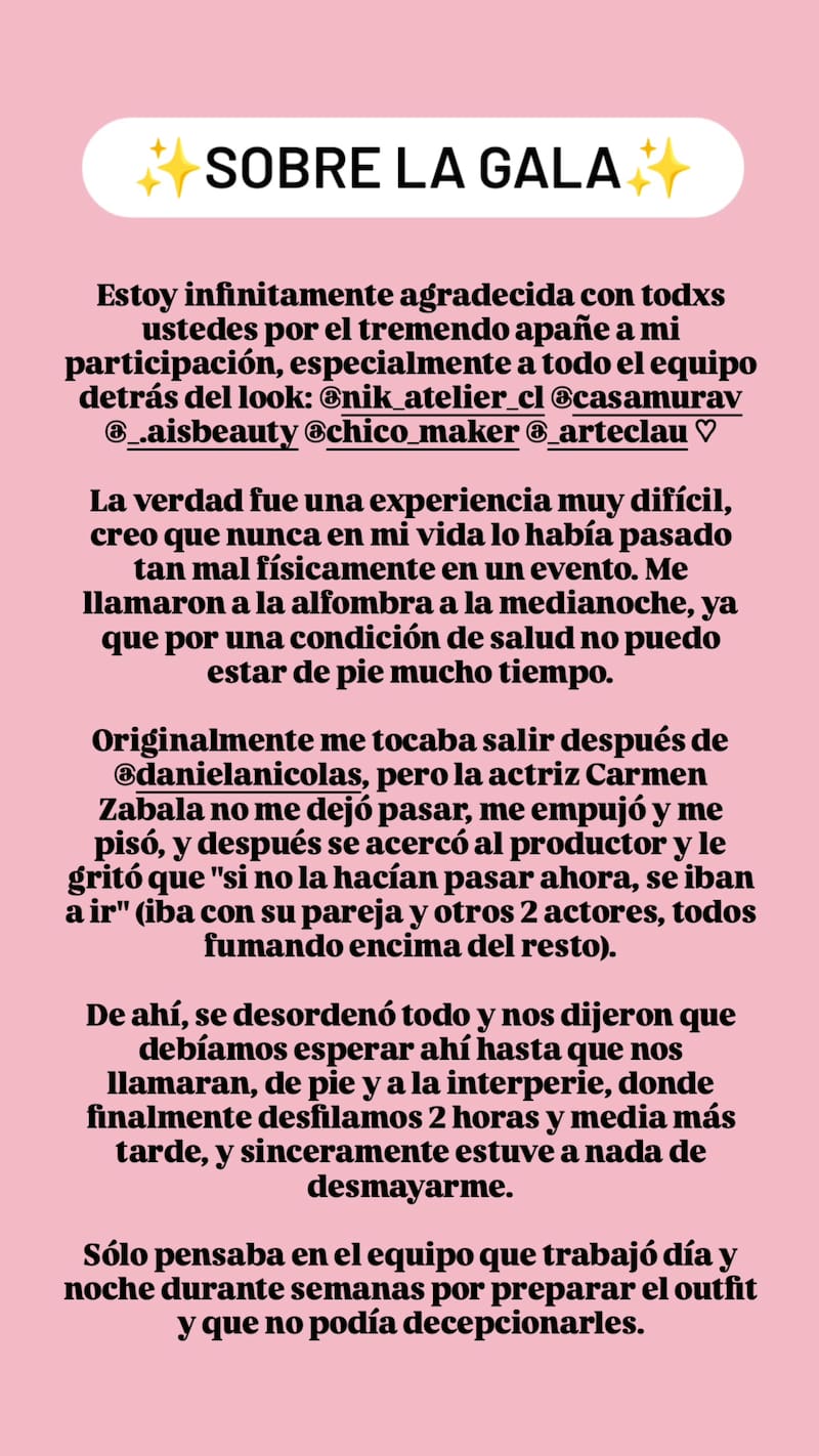 Esta es una de las historias de Instagram de Valentina Muñoz contando su versión de los hechos.