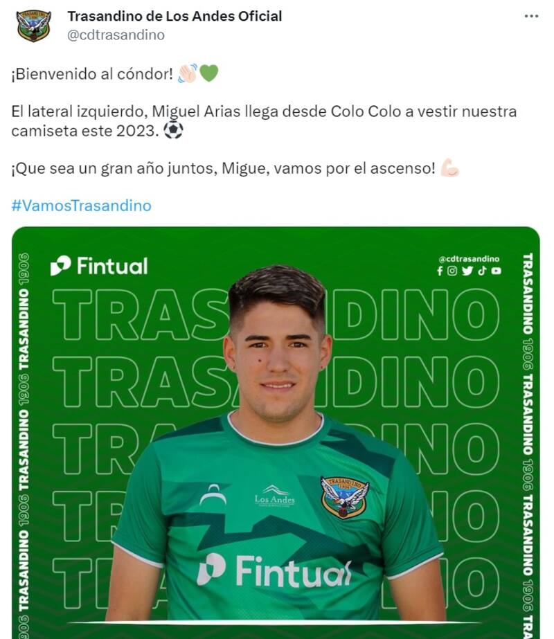 Miguel Arias llegó desde Colo Colo a reforzar Trasandino para la temporada 2023 (Foto: Trasandino)
