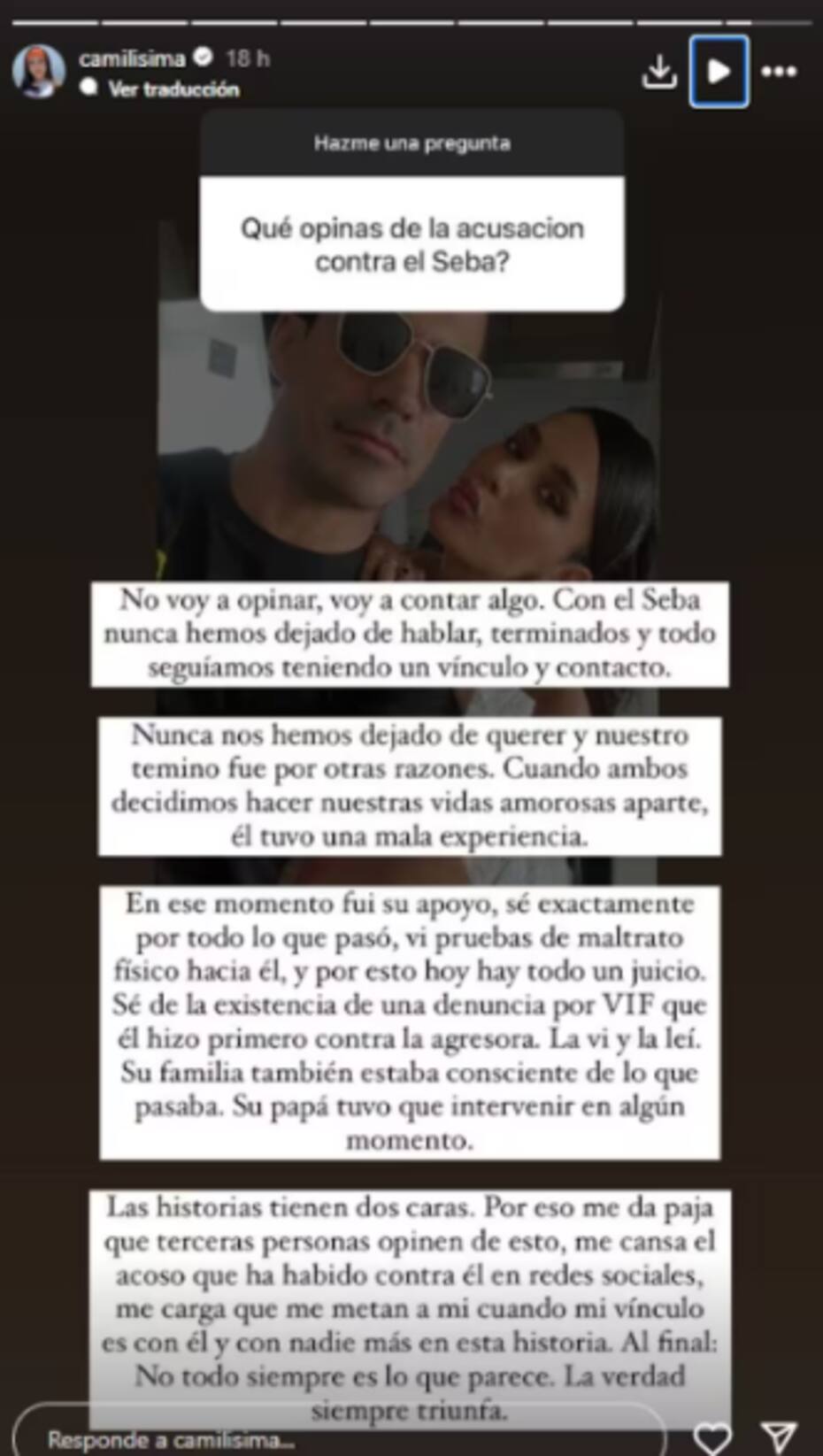 Una historia del Instagram de Camilisima en donde se refiere a la supuesta denuncia por VIF en contra de Catalina Gaete