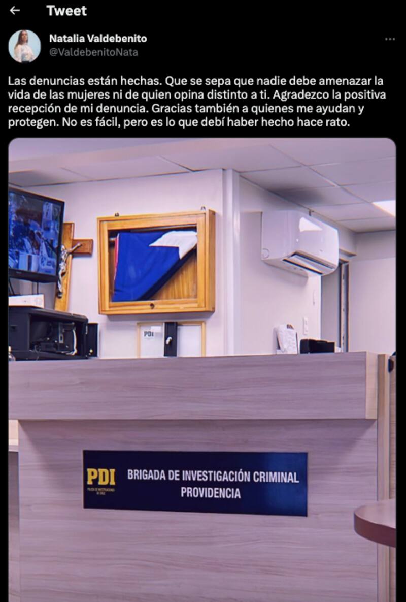 Anunció en su Twitter que realizó una denuncia en la PDI tras recibir amenazas de muerte / Twitter