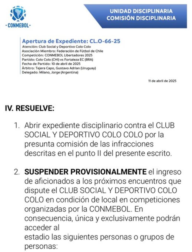 El ente rector del fútbol sudamericano castigó a Colo Colo