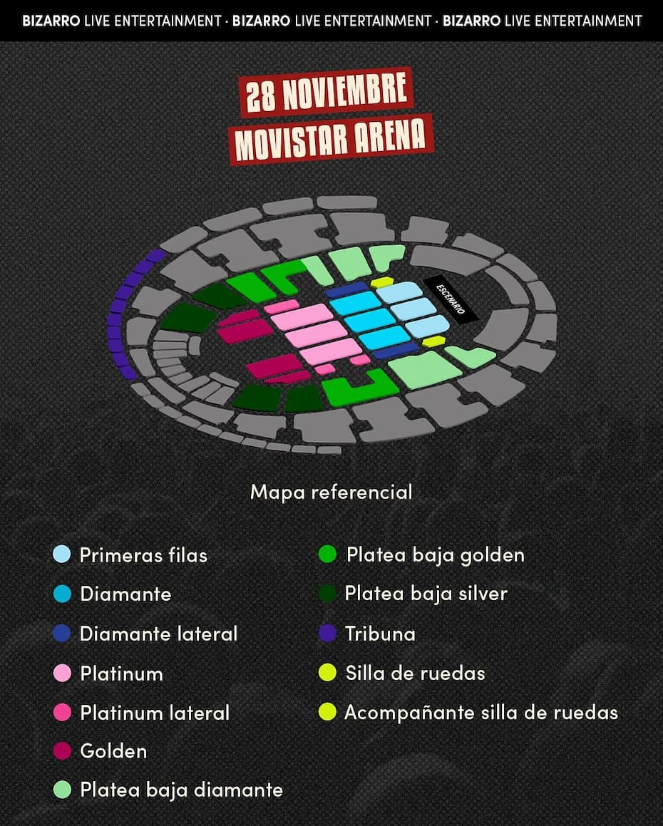 Mapa del Movistar Arena para el recital, donde destaca la ausencia de Platea Alta.