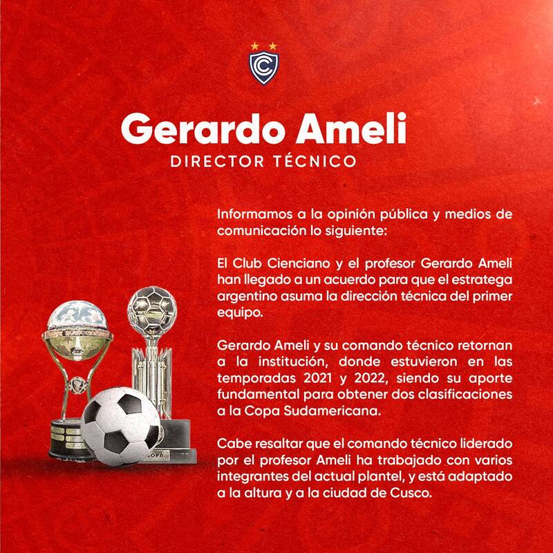 Cienciano anunció la contratación de Gerardo Ameli como nuevo entrenador.