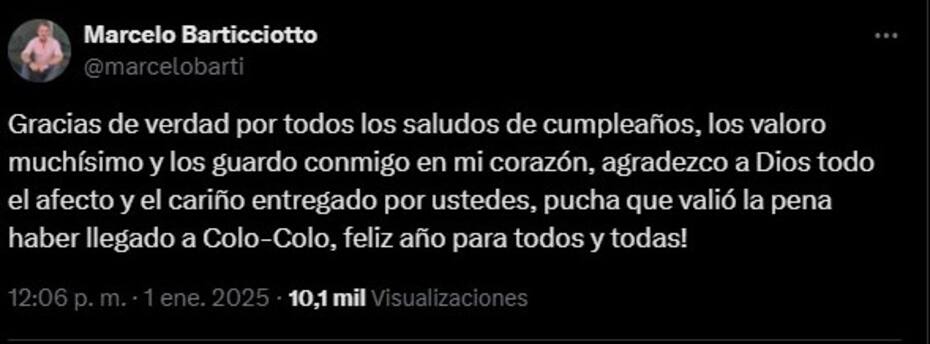 Agradecimiento de Marcelo Barticciotto por los saludos por su cumpleaños