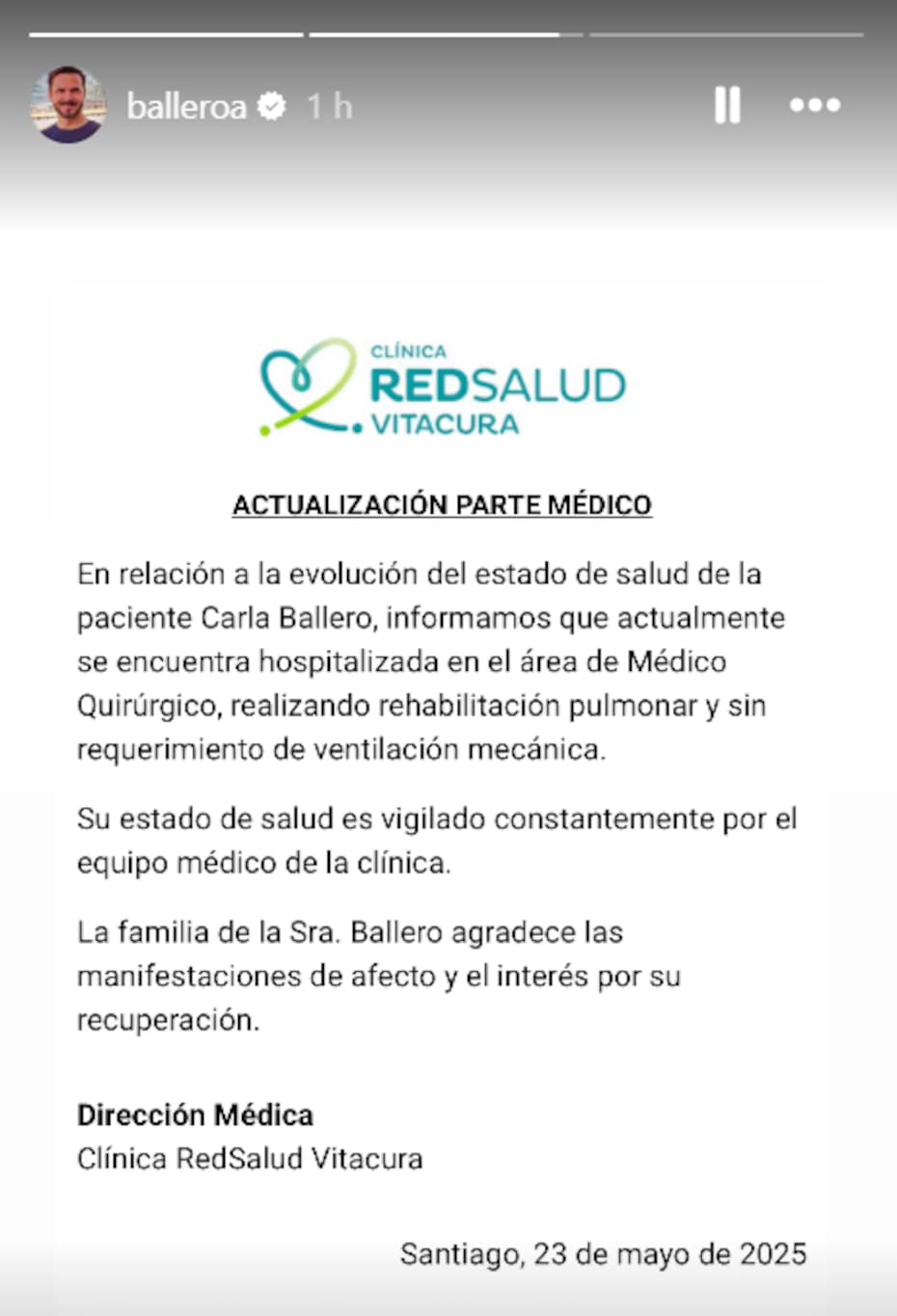 El hombre compartió un comunicado de la Clínica Red Salud Vitacura.