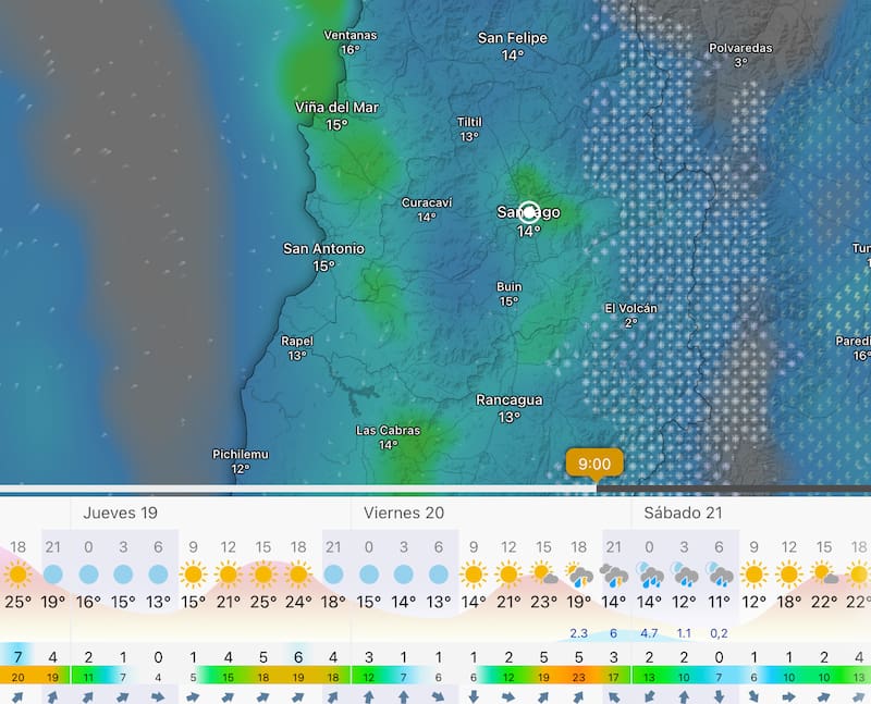Las precipitaciones en Santiago llegarán en la tarde-noche del viernes 20 de marzo. Foto: Captura Windy.com.