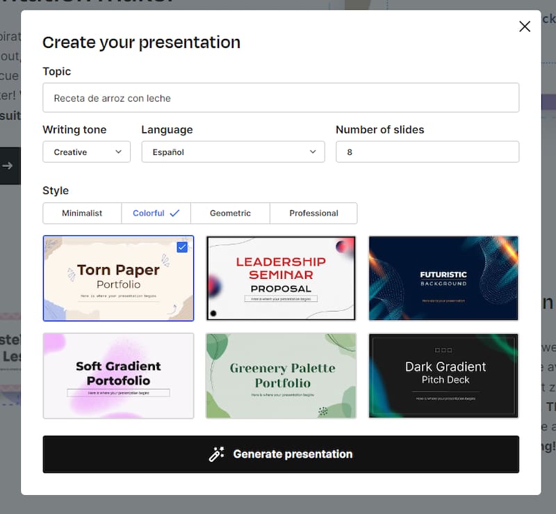 Tendrás que elegir el tono que quieras que tenga tu presentación, el idioma y cantidad de diapositivas.