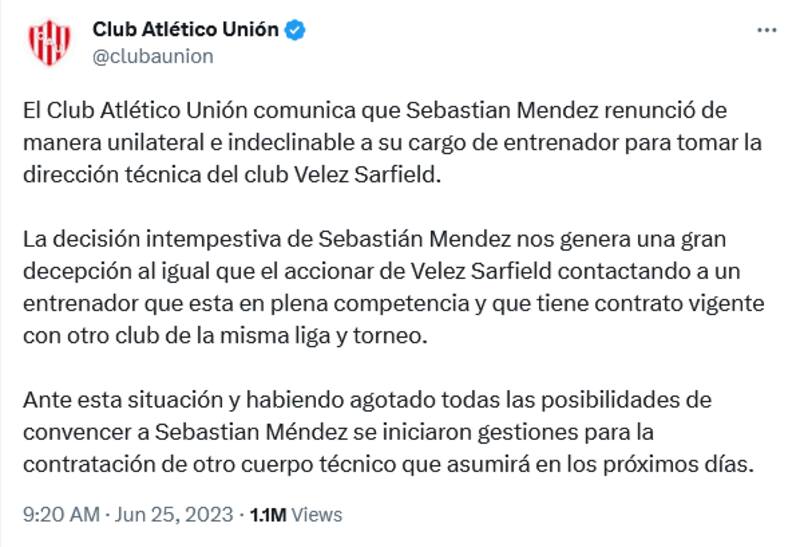 Este fue el comunicado que sacó Unión de Santa Fe en su cuenta de Twitter.