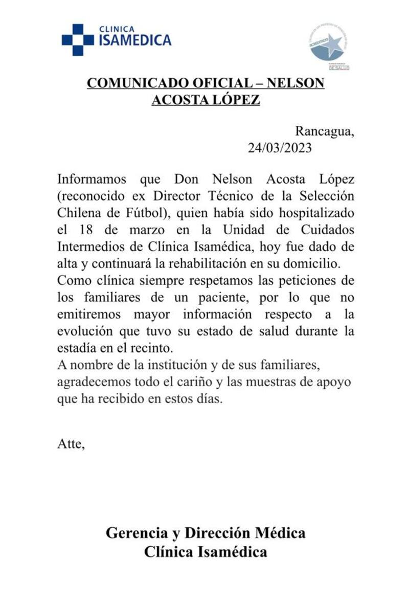 Nelson Acosta fue dado de alta