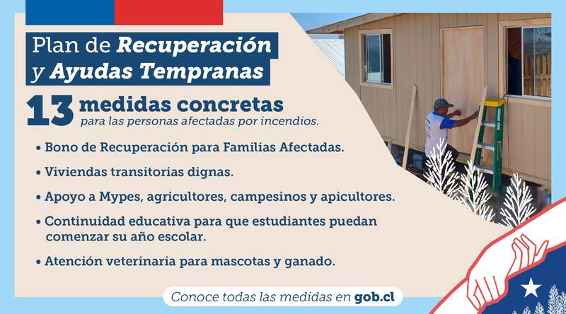 Gobierno anunció ayudas sociales para damnificados por incendios forestales en la zona centro-sur del país.