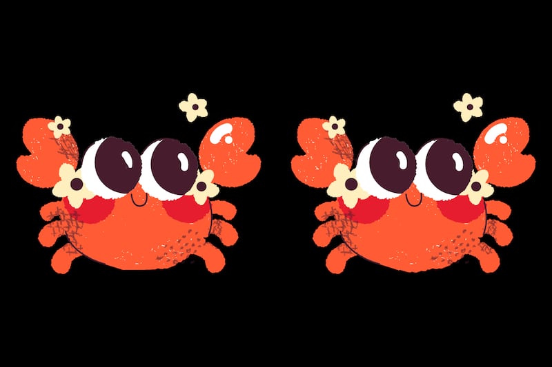 Dos cangrejos que parecen iguales, pero tienen cinco diferencias entre sí.