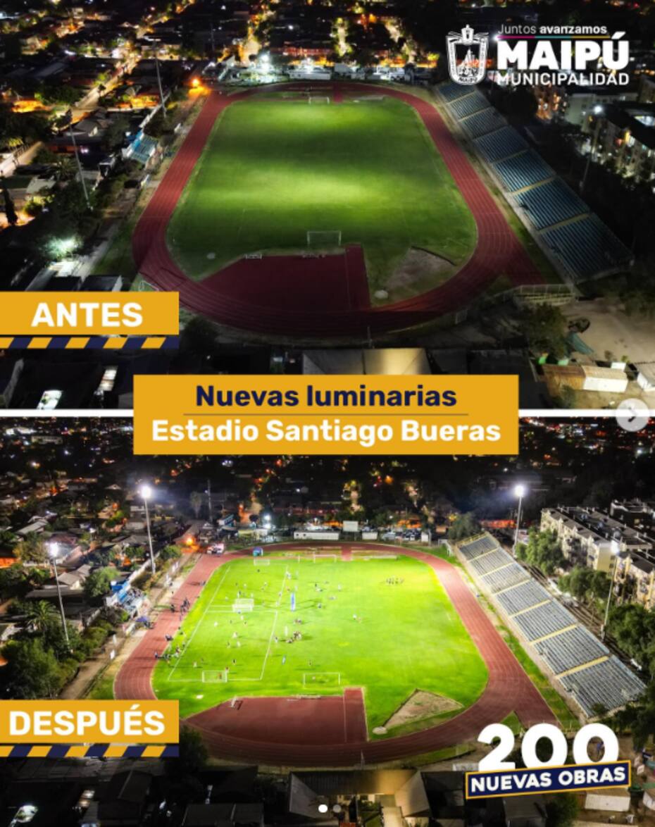 El cambio de la iluminación en el Estadio Santiago Bueras. Foto: Municipalidad de Maipú.