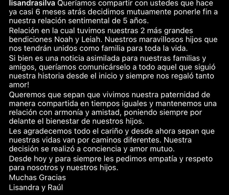Lisandra Silva y Raúl Peralta confirman su separación.