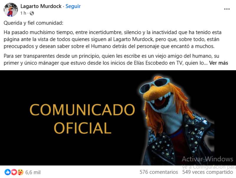 La cuenta oficial del títere, lanzó un comunicado por Facebook sobre el estado del artista.