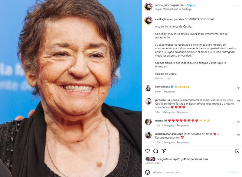 Actualizan el estado de salud de Cecilia La Incomparable