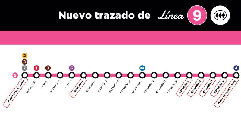 Así sería el mapa de las estaciones de la nueva Línea 9 del Metro de Santiago.