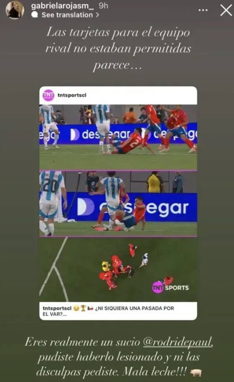 La esposa de Gabriel Suazo disparó a Rodrigo de Paul por redes sociales.