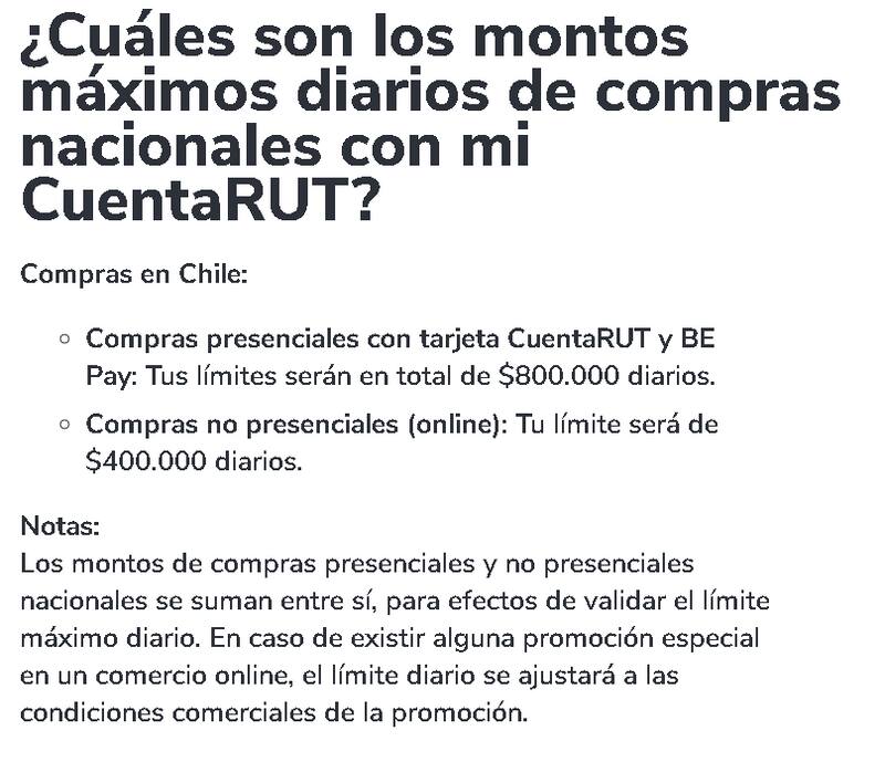 Información de Banco Estado respecto a los límites diarios.