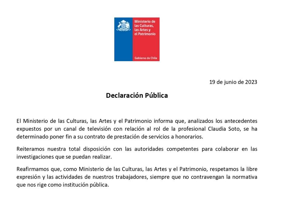La cartera a cargo de Jaime de Aguirre confirmó el despido de Claudia Soto. Créditos: Gobierno.