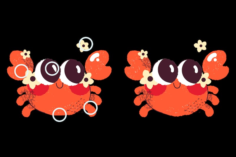 Dos cangrejos que parecen iguales, pero que tienen cinco diferencias, las que están señaladas con círculos blancos.